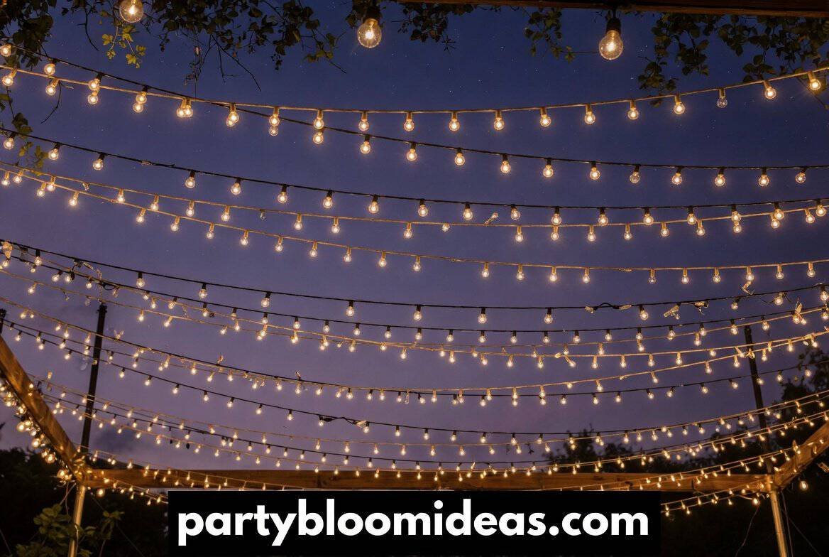 Outdoor backyard string light canopy glowing above a tropical luau party at dusk