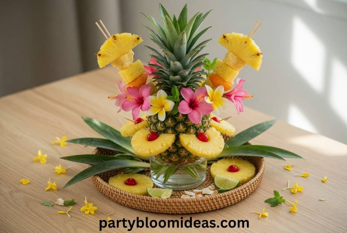 Fresh pineapple centerpiece with tropical flowers and candles on a tropical party table