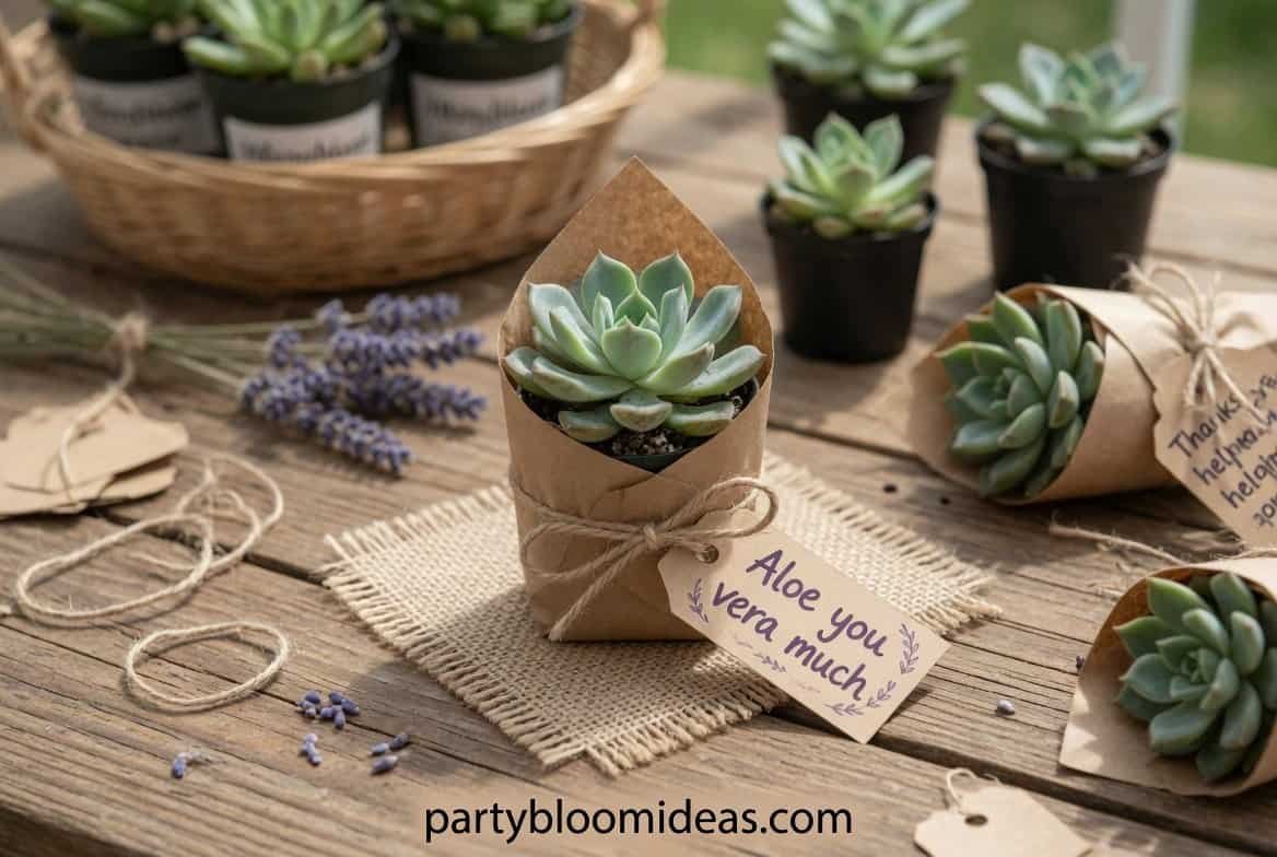 Small succulent plants wrapped in burlap and kraft paper with twine tags reading “Thanks for helping me grow” arranged on a wooden party table.