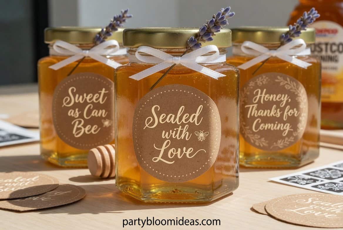 Mini honey jars with custom labels and gold lids displayed on a bridal shower table with soft floral decor and neutral tones.