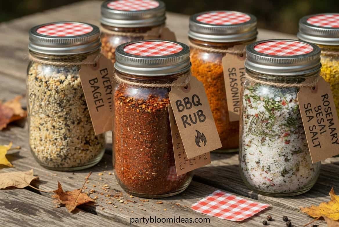 Glass spice jars filled with homemade BBQ rub and seasoning blends tied with kraft tags on a rustic outdoor BBQ party setup.