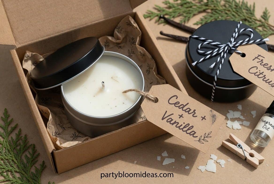 Small soy candles in metal tins with handwritten fragrance tags placed inside kraft gift boxes for an elegant party favor display.