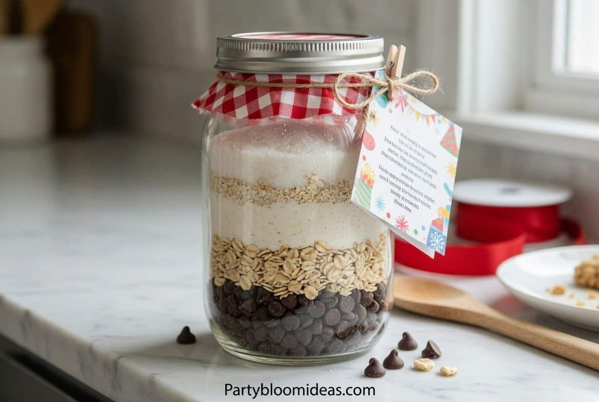 Layered cookie mix mason jars with oats, chocolate chips, flour, and sugar stacked beautifully with printable baking instruction tags.
