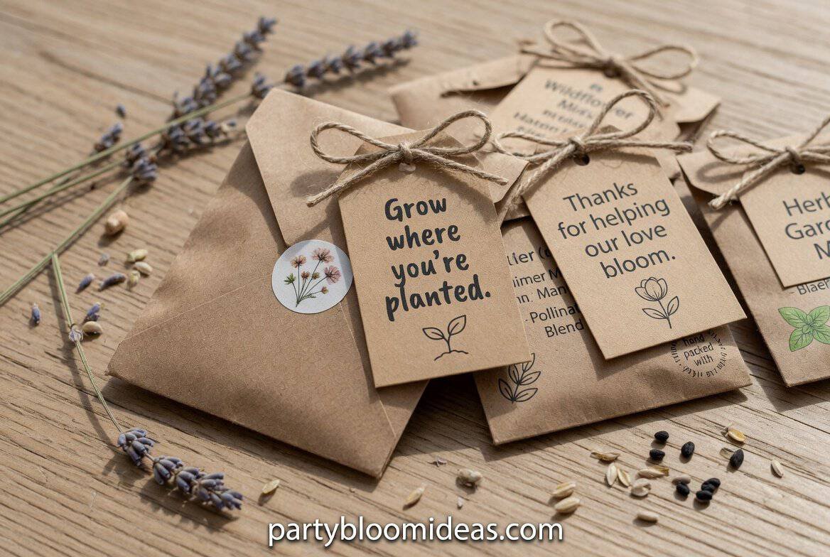 **Alt Text:** Best party favor ideas guests will actually keep featuring kraft paper seed packets with floral tags and wildflower seeds arranged neatly for an eco-friendly spring garden party favor idea. 