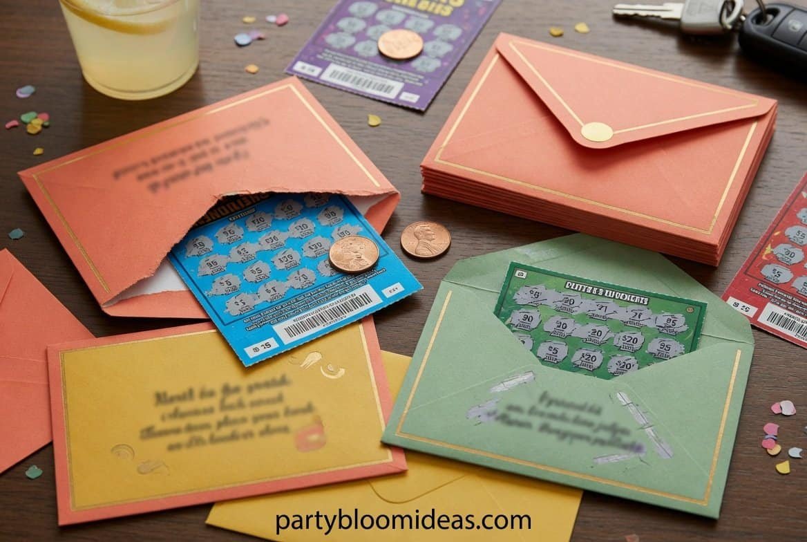 Scratch-off lottery tickets tucked inside colorful custom envelopes labeled “Lucky to Have You Here” for an adult birthday party favor.