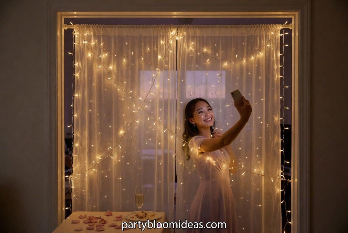 Warm fairy lights behind a sheer curtain creating a glowing DIY selfie station backdrop. A soft glowing backdrop that works especially well at evening parties.