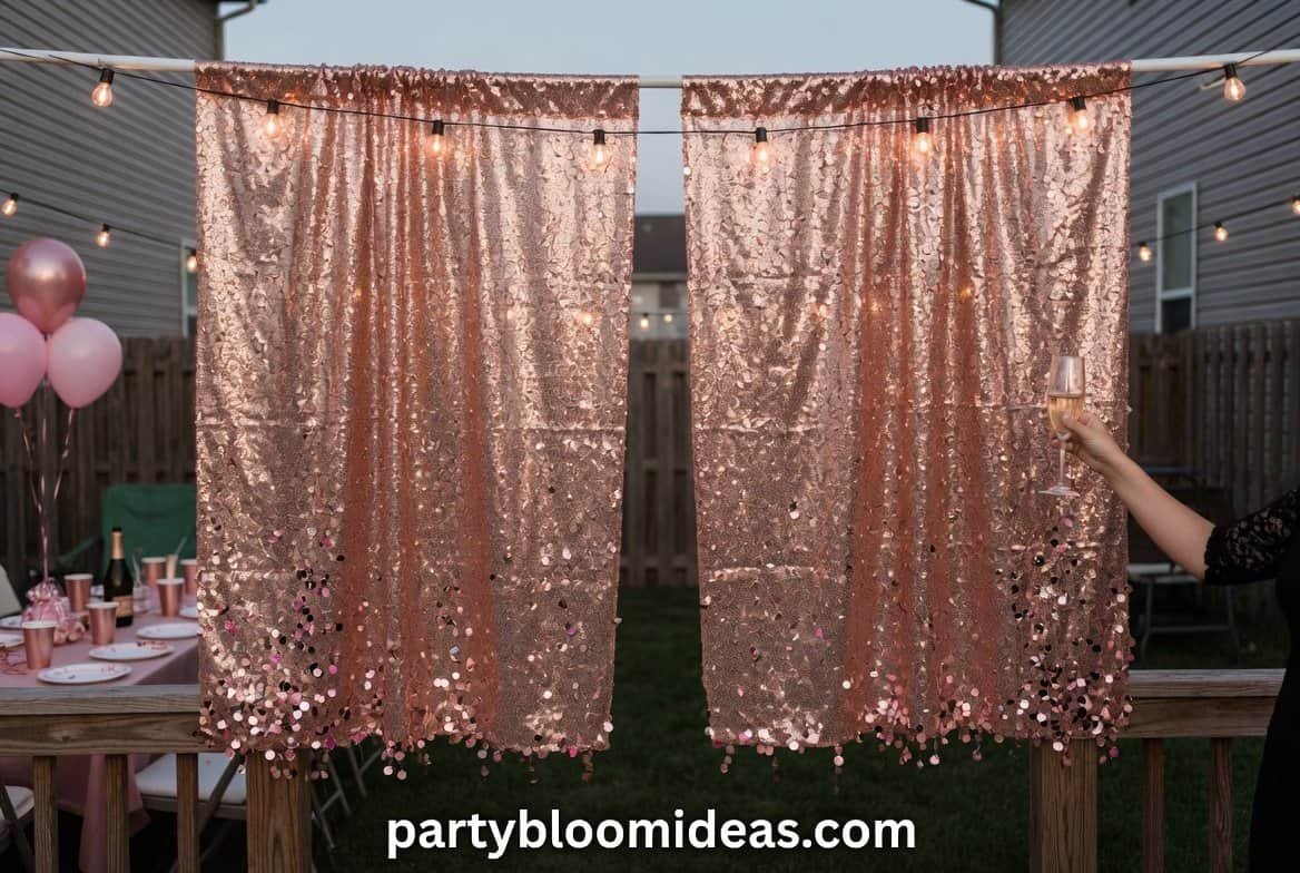Shimmering rose gold sequin curtain used as an elegant DIY party photo booth backdrop. A simple but glamorous setup.