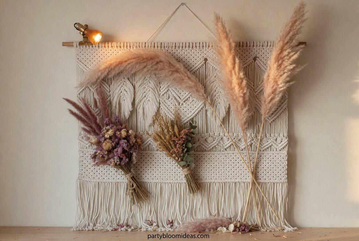 Boho-style macramé wall hanging decorated with pampas grass for aesthetic photo booth backdrop.