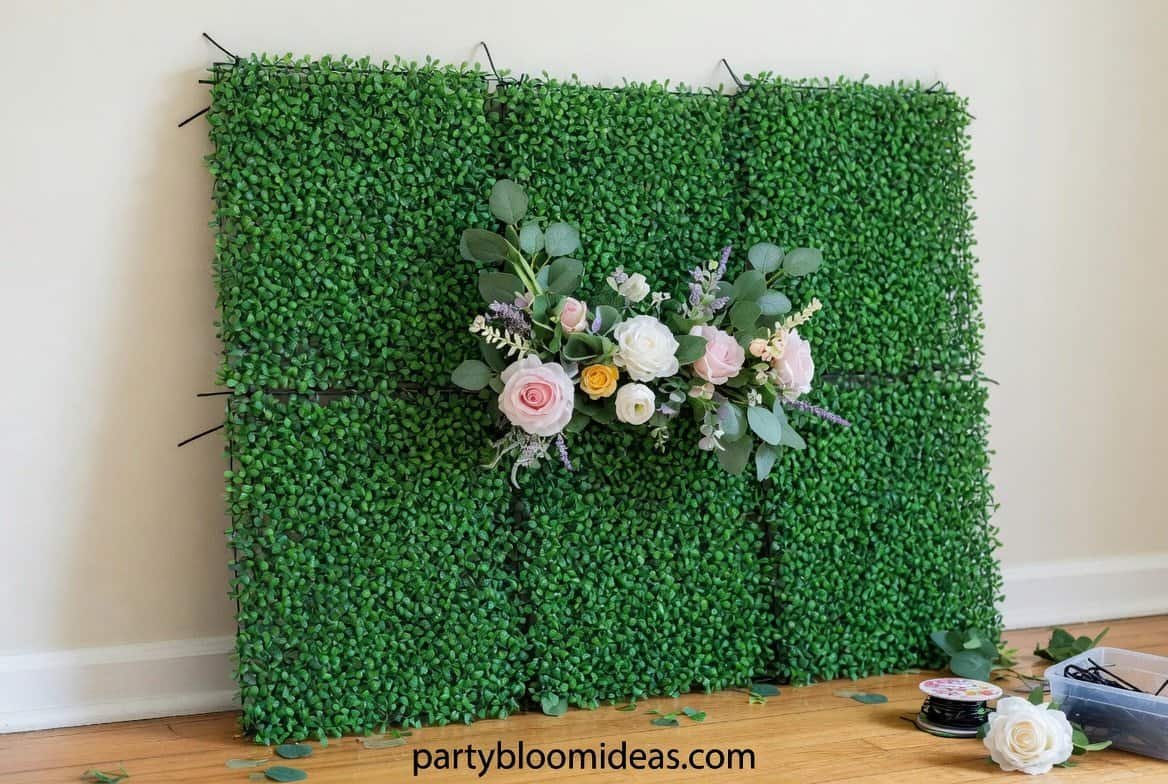 Artificial greenery wall panels creating a lush DIY photo booth background for events.
