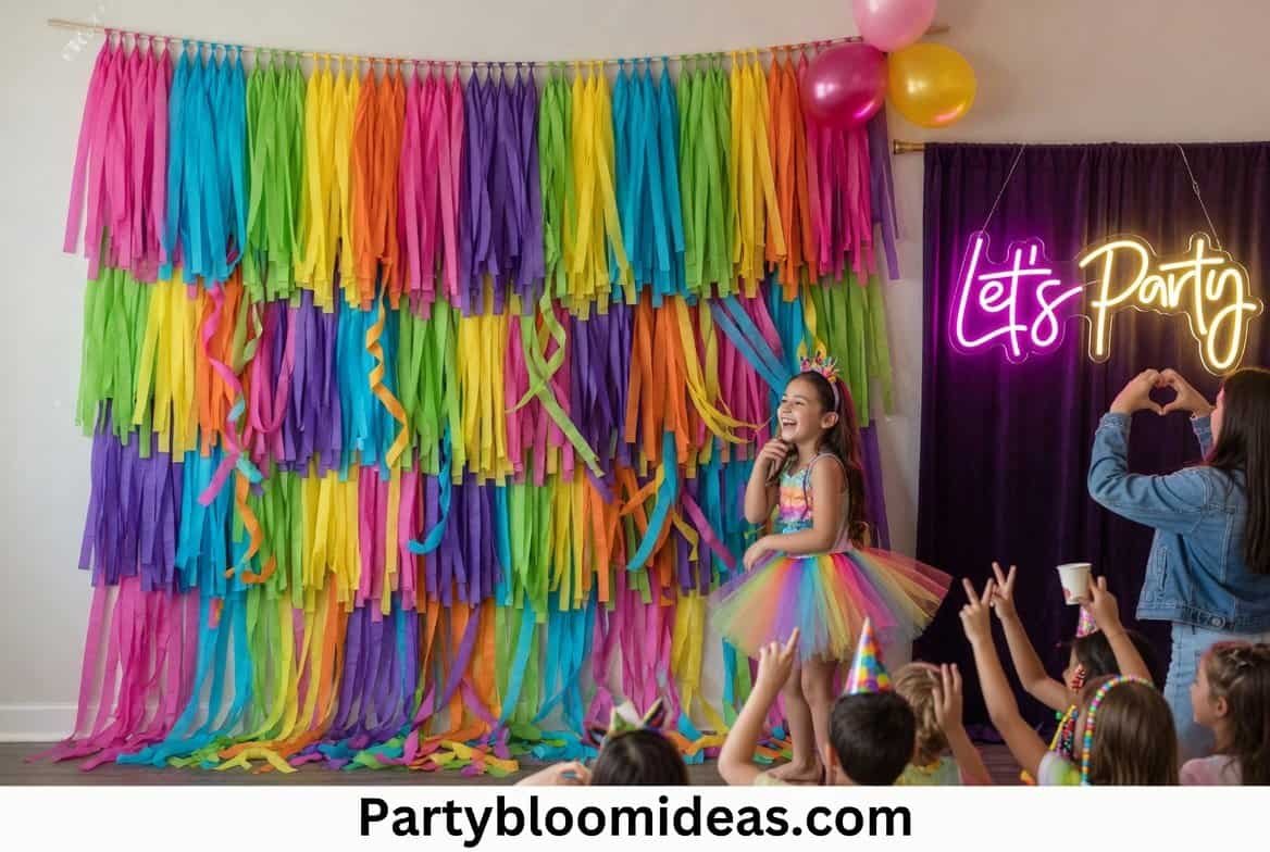 DIY photo booth ideas for parties using colorful tissue paper streamer fringe backdrop for kids’ budget-friendly celebration