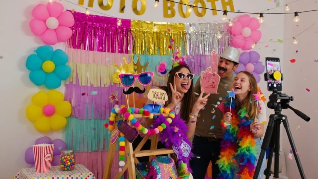 Colorful DIY photo booth with balloons, props, and friends celebrating.