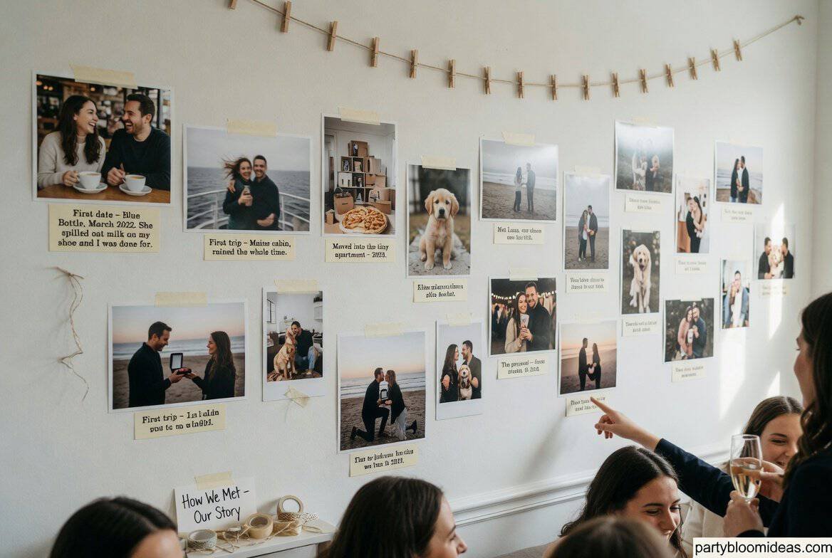Engagement party “How We Met” photo wall with printed couple timeline pictures, string lights, and cozy home celebration decor