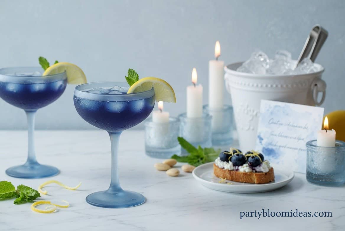 Engagement party cocktail bar with cool blue theme, butterfly pea flower drinks, and elegant glassware setup
