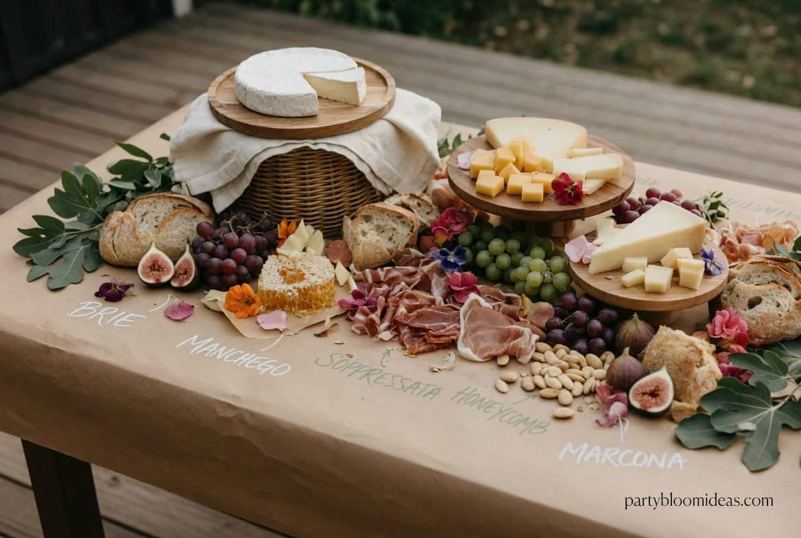 Engagement party grazing table with cheese, meats, fruits, and rustic wooden board food display