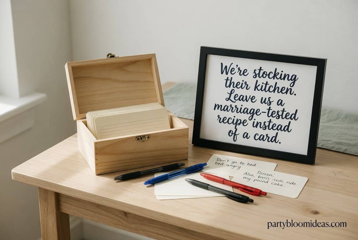 Engagement party recipe box station with cards where guests write marriage advice and family recipes
