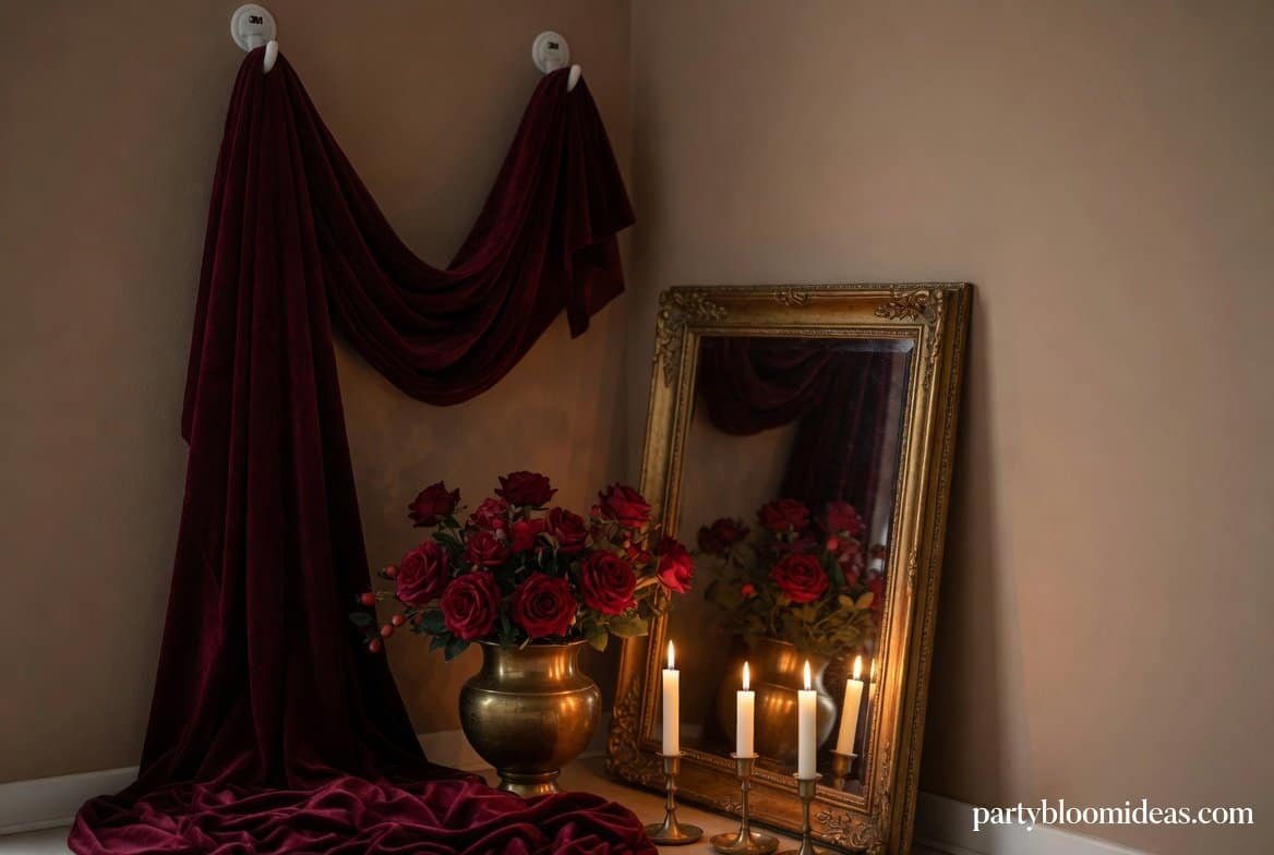 Elegant engagement party backdrop with velvet drapery, candles, and romantic opera-style decor