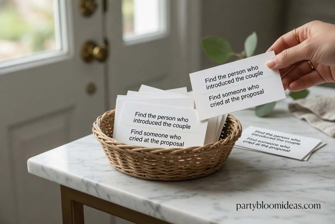Engagement party icebreaker cards setup encouraging guests to interact and meet each other
