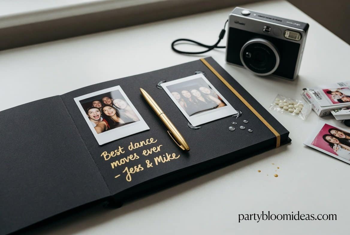 Engagement party Polaroid guestbook with instant photos, album pages, and handwritten messages