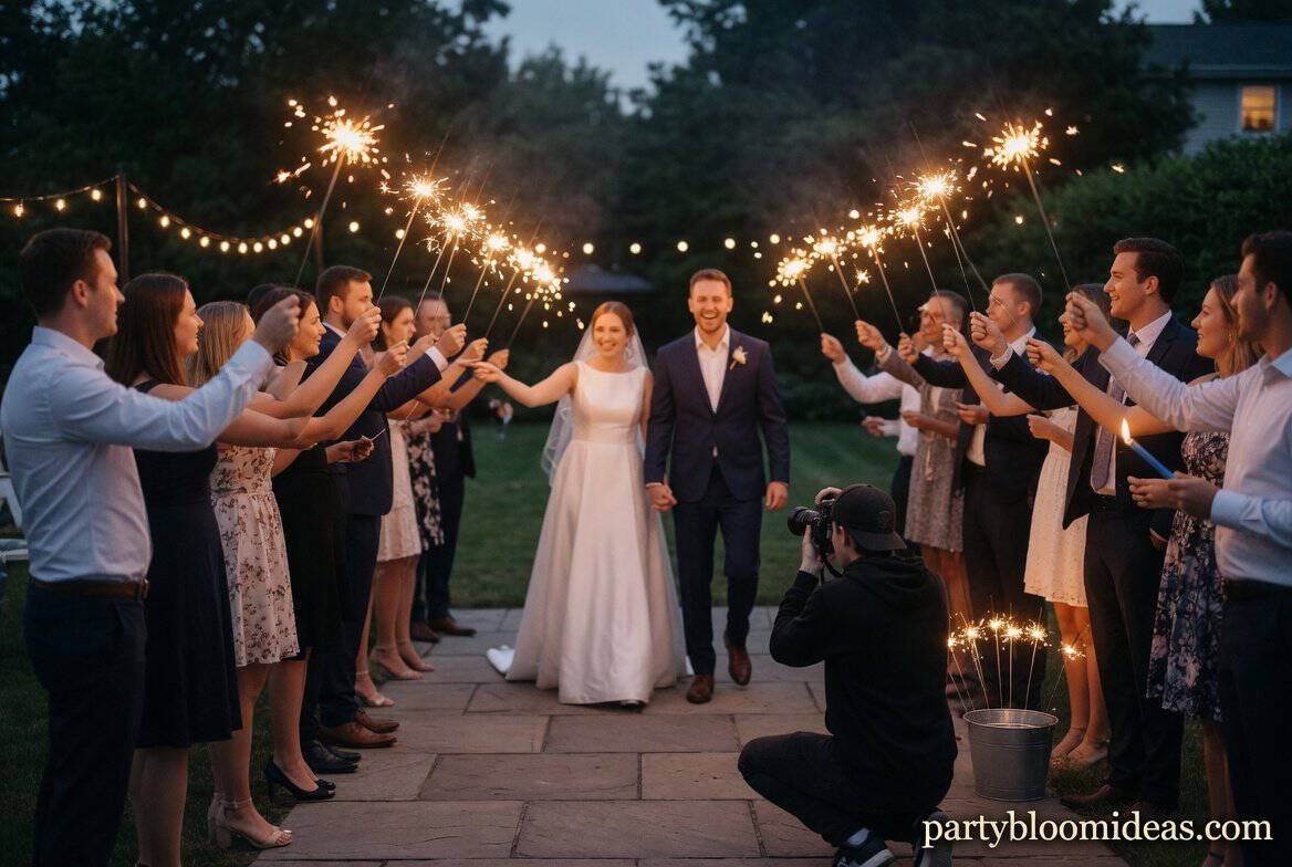 Engagement party ideas for the happy couple featuring a sparkler send-off with couple walking through guests holding sparklers at night
