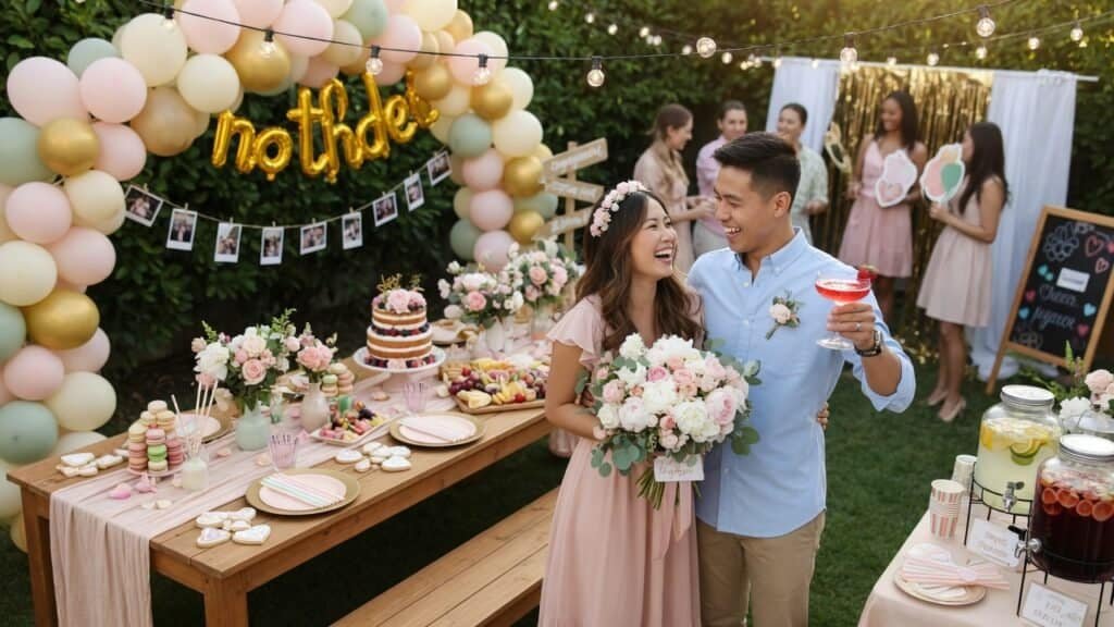 Engaged couple at a festive outdoor party with floral decor and sweets.
