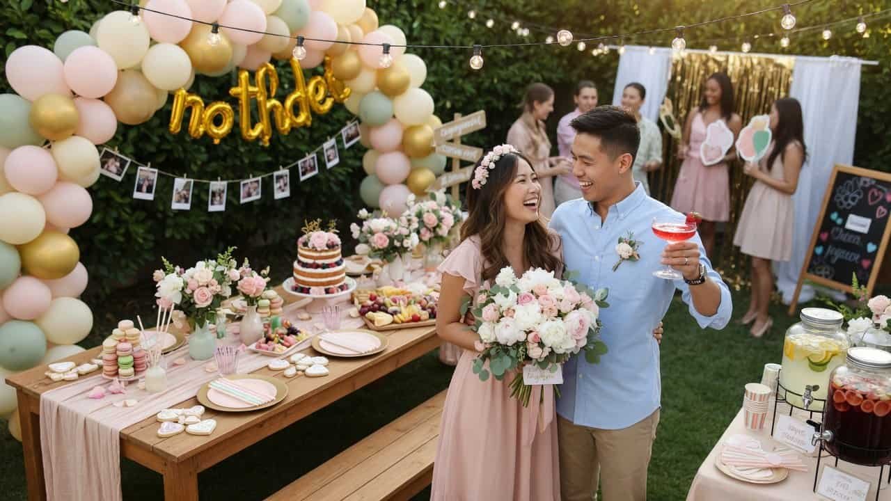 Engaged couple at a festive outdoor party with floral decor and sweets.
