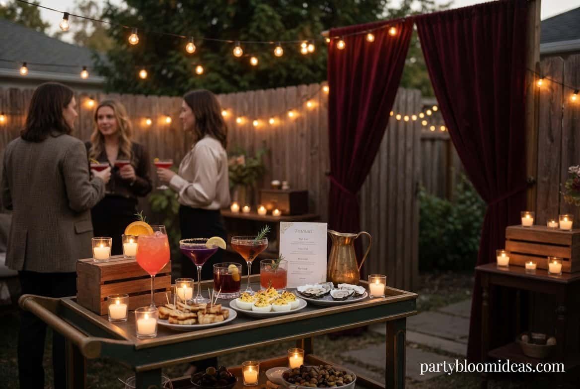 Elegant engagement party backdrop with velvet drapery, candles, and romantic opera-style decor