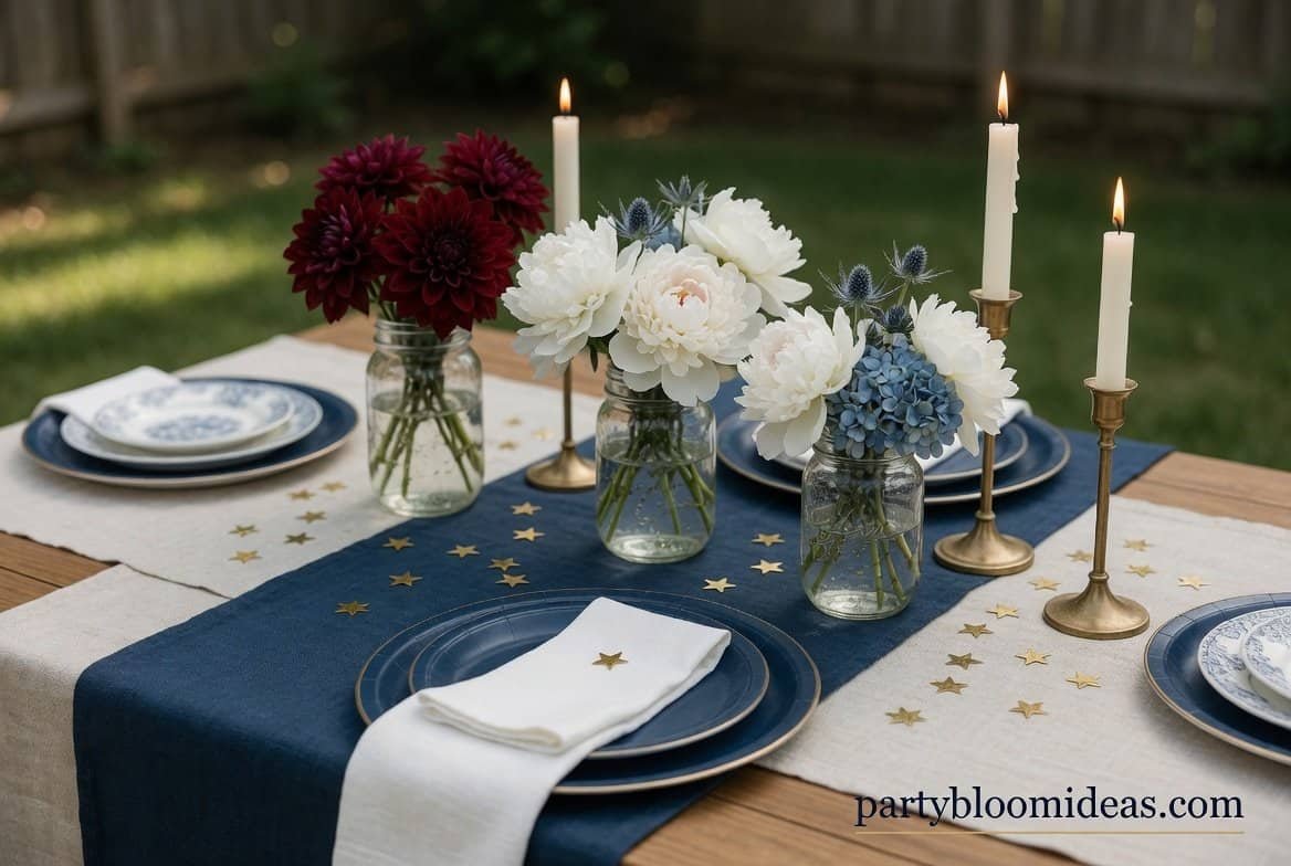 Vintage Americana table decor with red white blue florals, linen runner, and elegant patriotic setup