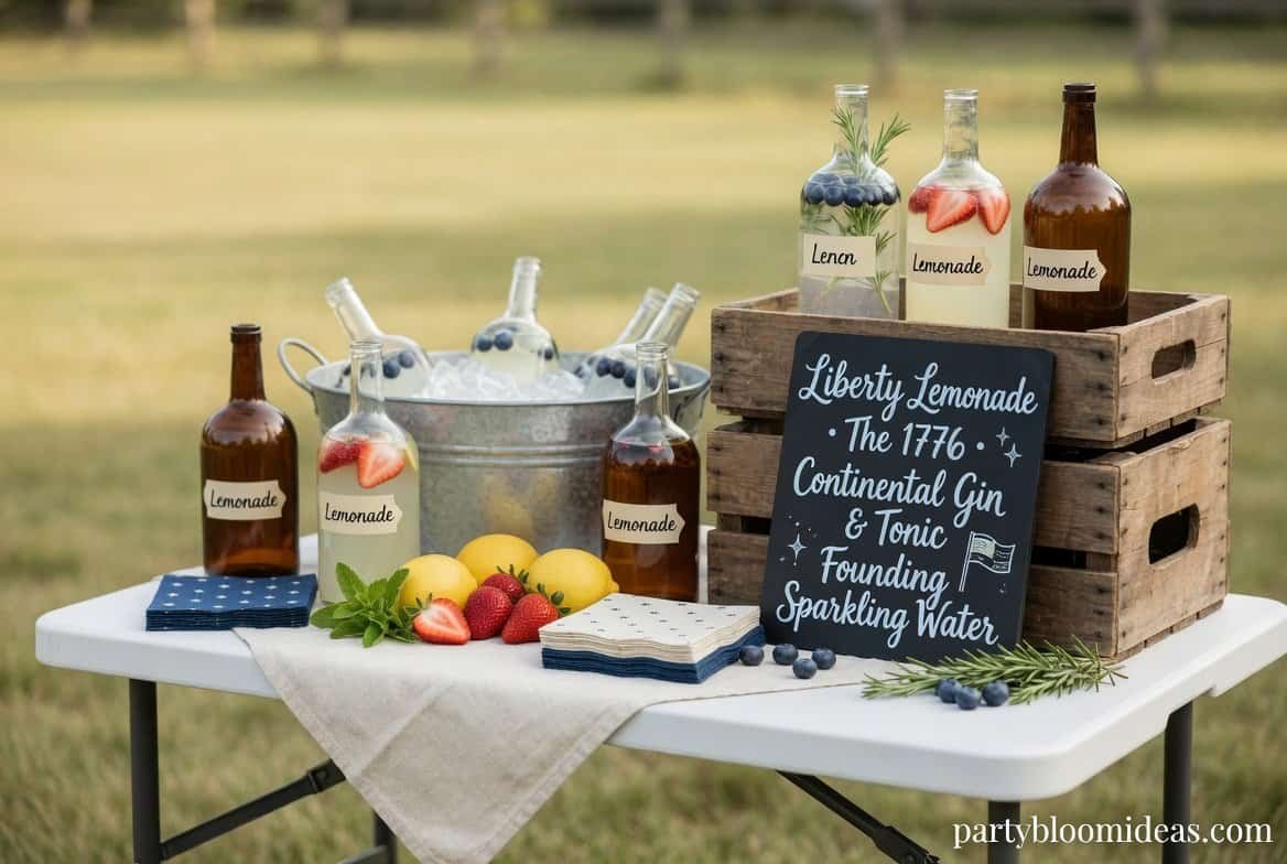 Patriotic cocktail bar setup with amber glass decanters, chalkboard menu, and America 250 themed drinks