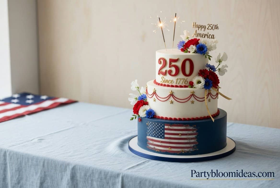 America 250 themed celebration cake with patriotic colors, topper, and sparkler candles