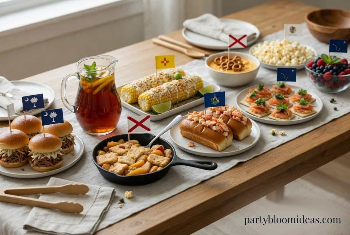 Regional American food table with diverse dishes representing all 50 states for patriotic party