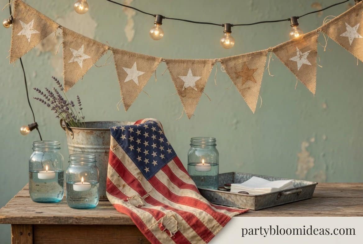 Rustic patriotic backyard decor with string lights, mason jars, and vintage American flag styling