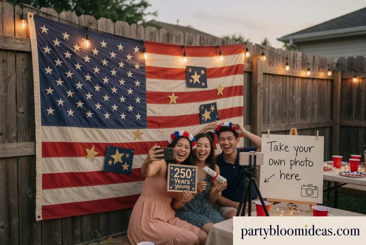 America 250 photo booth setup with patriotic backdrop, props, and golden hour lighting