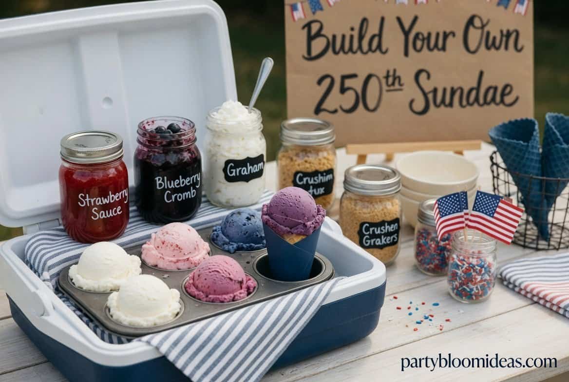 Patriotic dessert station with red white and blue ice cream bar and DIY sundae toppings