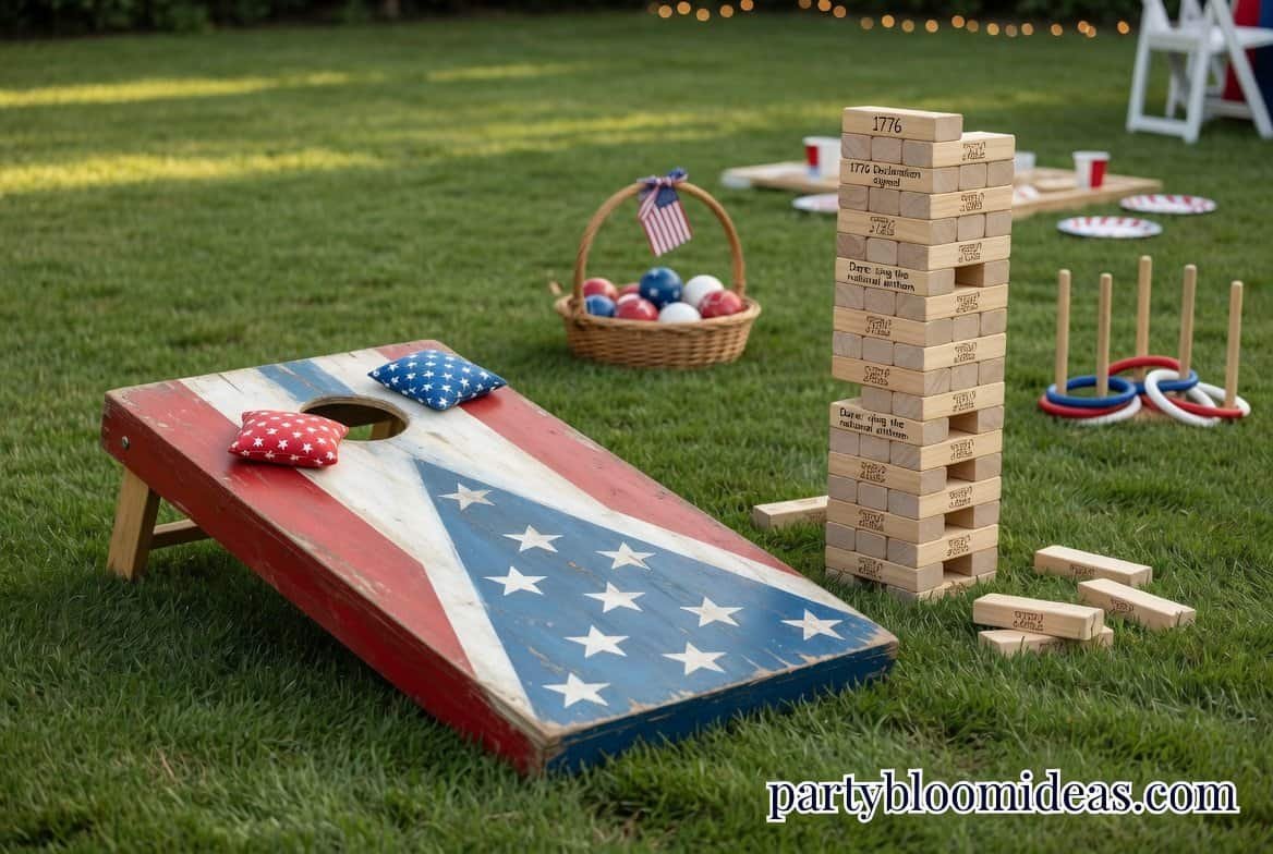 Outdoor July 4th party lawn games including cornhole, Jenga, and bocce ball in backyard setup for America's 250th birthday party ideas