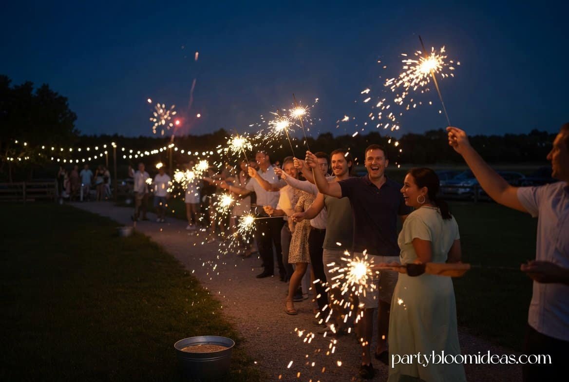 Evening America 250 celebration with guests holding sparklers and couple walking through crowd