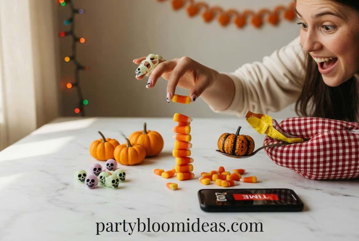 Excited Halloween party guests competing in fast minute-to-win-it challenges with pumpkins and candy corn.