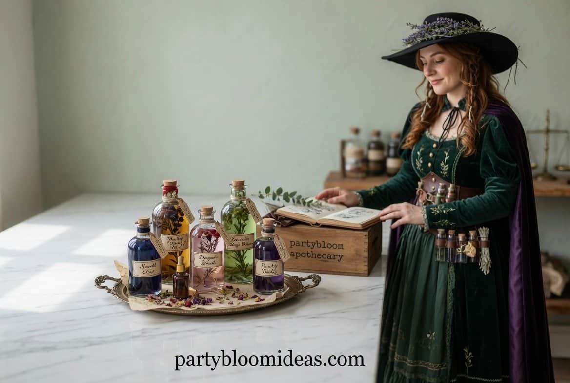 DIY Halloween apothecary bottles with colored liquid, vintage labels, and candlelight on a spooky mantle.