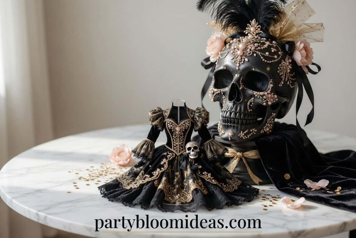 Matte gold and white skull centerpiece with black roses and candles for elegant DIY Halloween decorations.