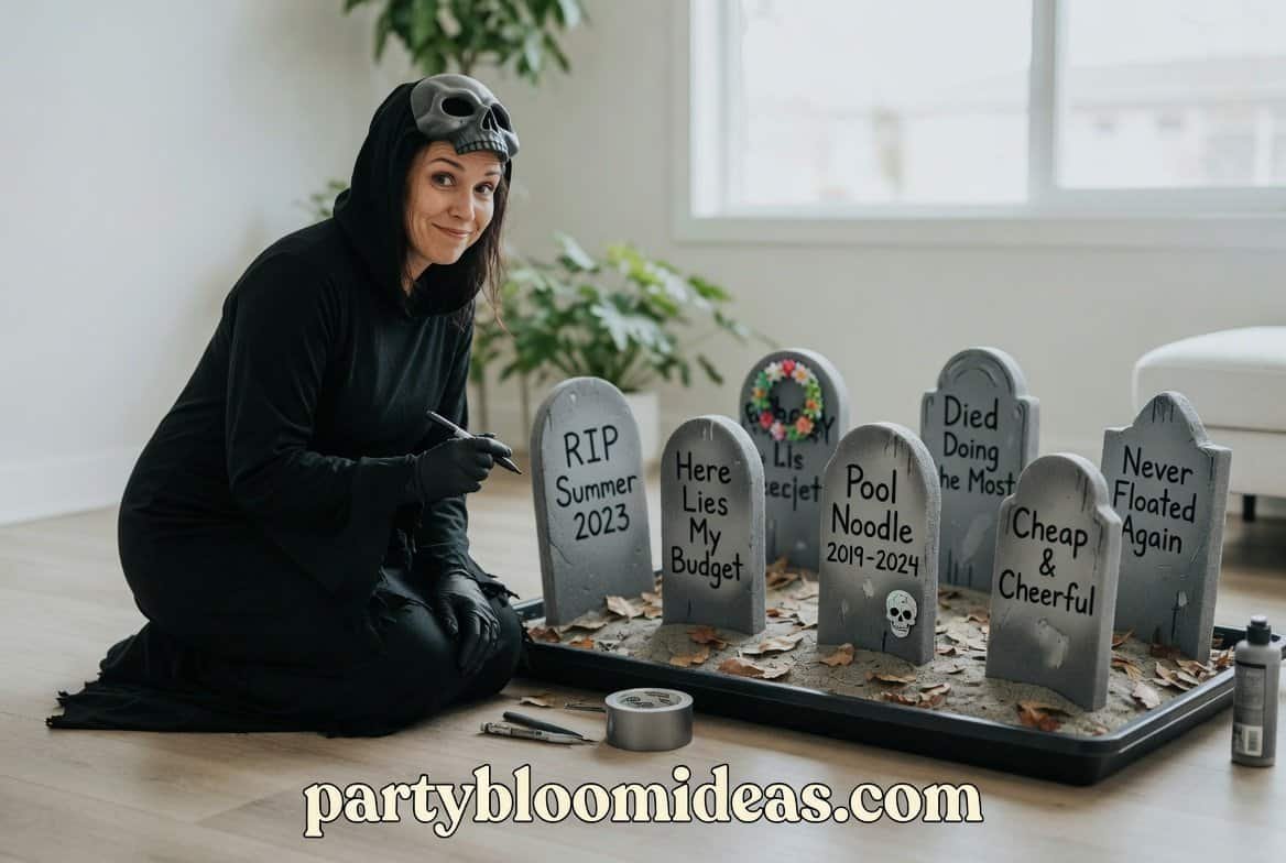 DIY Halloween graveyard made from painted pool noodle tombstones with spooky yard lighting.