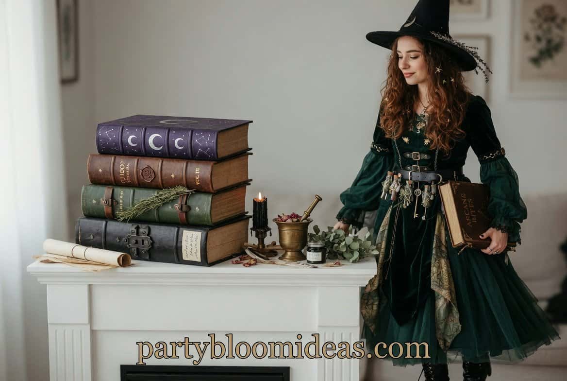 Stacked gothic Halloween spell books painted matte black with candles and cheesecloth decor.