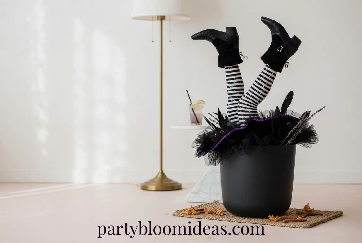 Funny DIY witch legs sticking out of a porch planter with striped stockings and black boots.