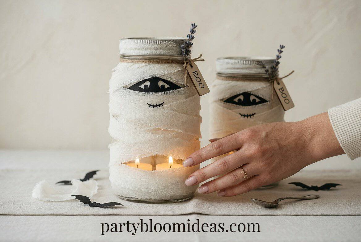 Mason jar mummy candle holders wrapped in gauze with glowing tea lights for DIY Halloween decorations