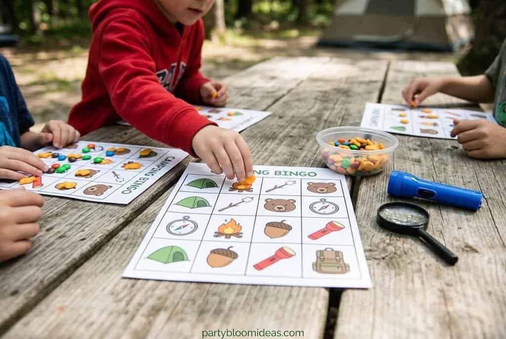 Camping-themed bingo game for kids with marshmallow, tent, and campfire illustrations