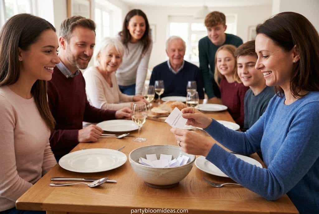 Family members drawing gratitude notes from a bowl during an emotional Thanksgiving gathering