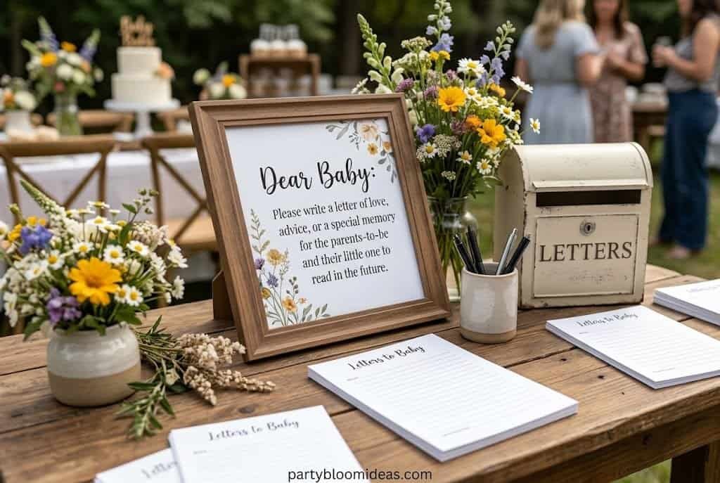 Baby letter writing station with flowers, mailbox, and guest notes at outdoor event.