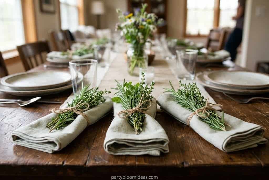Rustic table setting with fresh rosemary sprigs tied to folded linen napkins