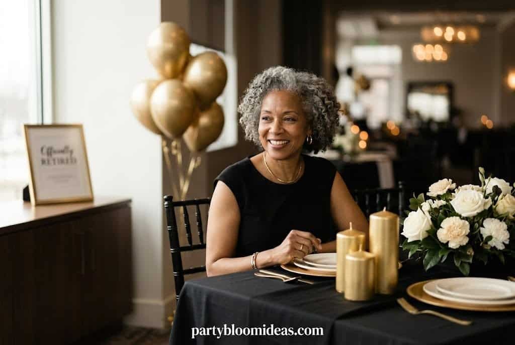 Sophisticated black and gold retirement party décor with candles, elegant tables, gold accents, and formal dinner setup.