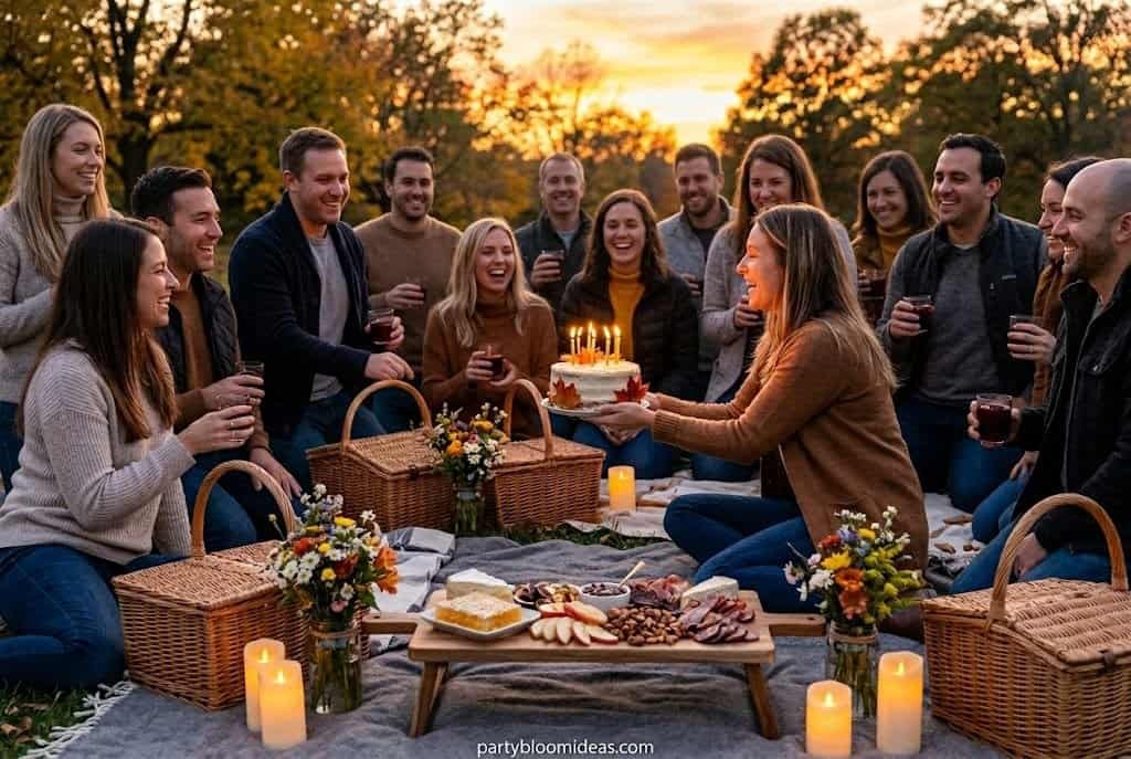 Golden hour outdoor picnic birthday with blankets, charcuterie, and candlelight at dusk