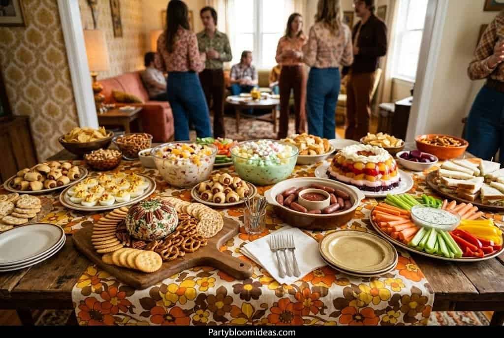 Retro 70s disco party food table with fondue pot, shrimp cocktail, and colorful drinks.