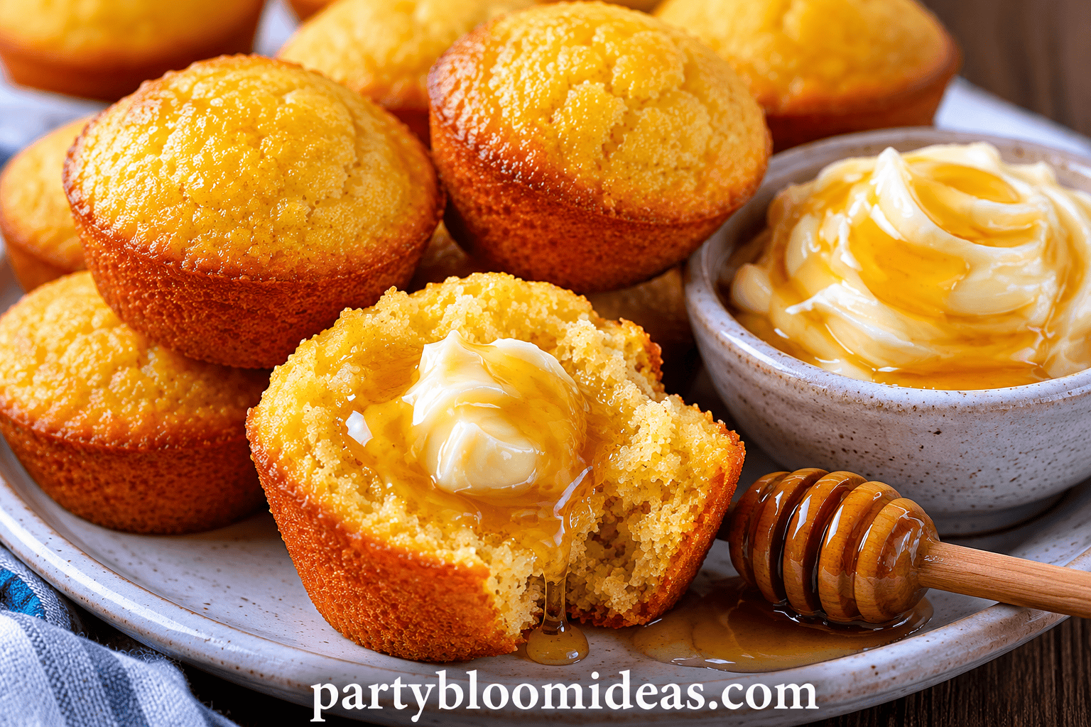 Mini cornbread muffins topped with honey butter in a serving basket